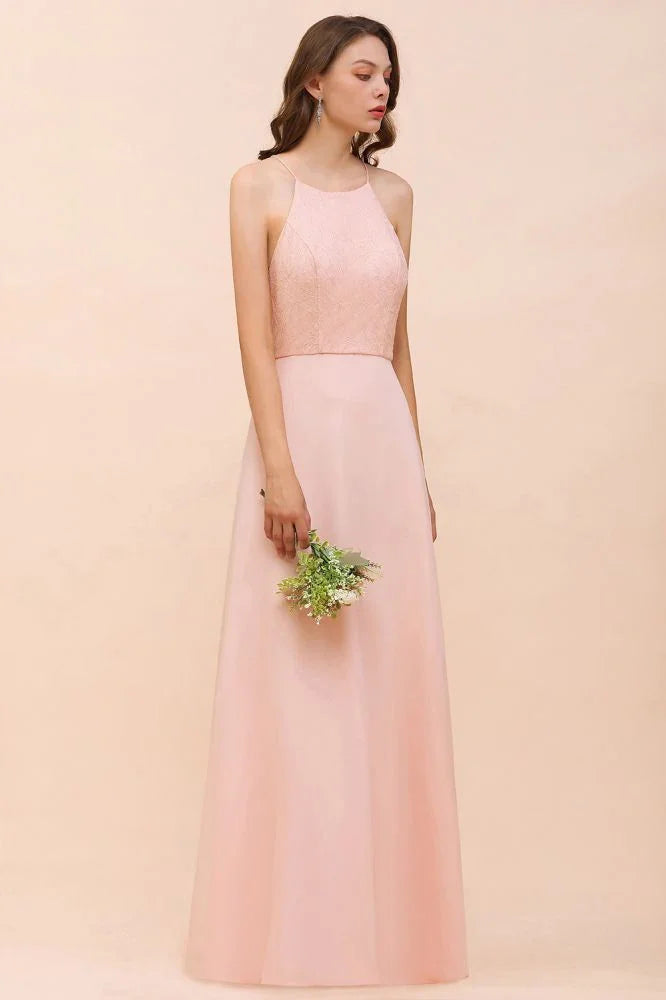 Halter Bridesmaid Dress Pink Floor Length Formal Event Dress