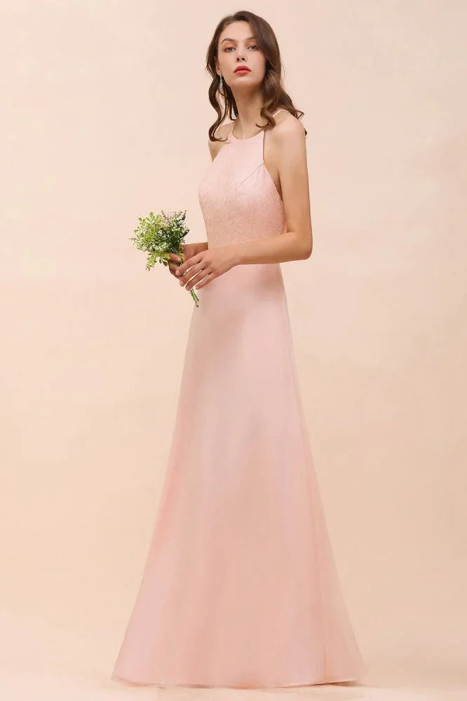 Halter Bridesmaid Dress Pink Floor Length Formal Event Dress