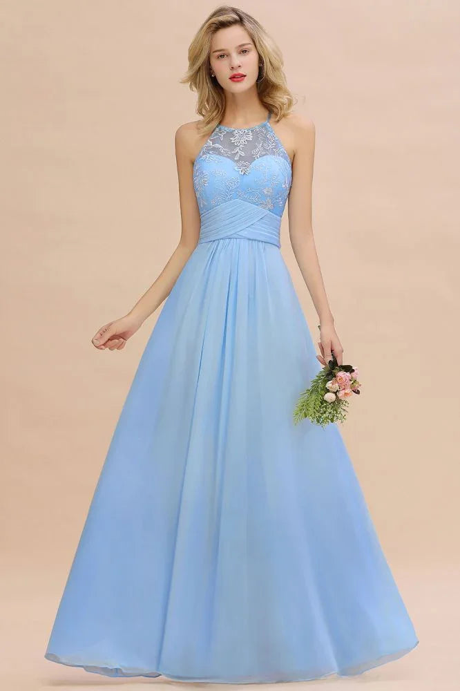 Vestido de Dama de Honra em Chiffon com Renda Floral, Corte em A, Sem Mangas e Folhos, Vestido para Convidada de Casamento