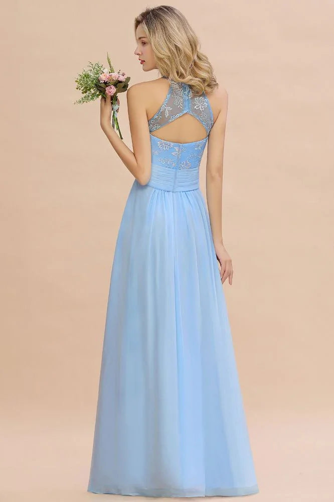 Vestido de Dama de Honra em Chiffon com Renda Floral, Corte em A, Sem Mangas e Folhos, Vestido para Convidada de Casamento