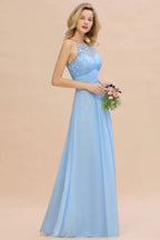 Vestido de Dama de Honra em Chiffon com Renda Floral, Corte em A, Sem Mangas e Folhos, Vestido para Convidada de Casamento