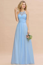 Vestido de Dama de Honra em Chiffon com Renda Floral, Corte em A, Sem Mangas e Folhos, Vestido para Convidada de Casamento