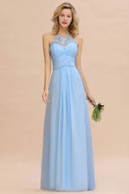 Vestido de Dama de Honra em Chiffon com Renda Floral, Corte em A, Sem Mangas e Folhos, Vestido para Convidada de Casamento