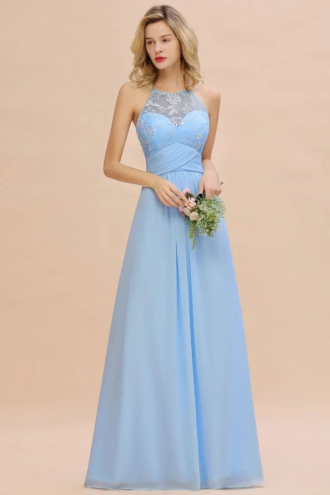 Vestido de Dama de Honra em Chiffon com Renda Floral, Corte em A, Sem Mangas e Folhos, Vestido para Convidada de Casamento