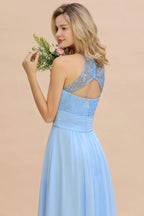 Vestido de Dama de Honra em Chiffon com Renda Floral, Corte em A, Sem Mangas e Folhos, Vestido para Convidada de Casamento
