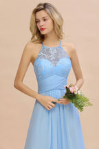 Vestido de Dama de Honra em Chiffon com Renda Floral, Corte em A, Sem Mangas e Folhos, Vestido para Convidada de Casamento