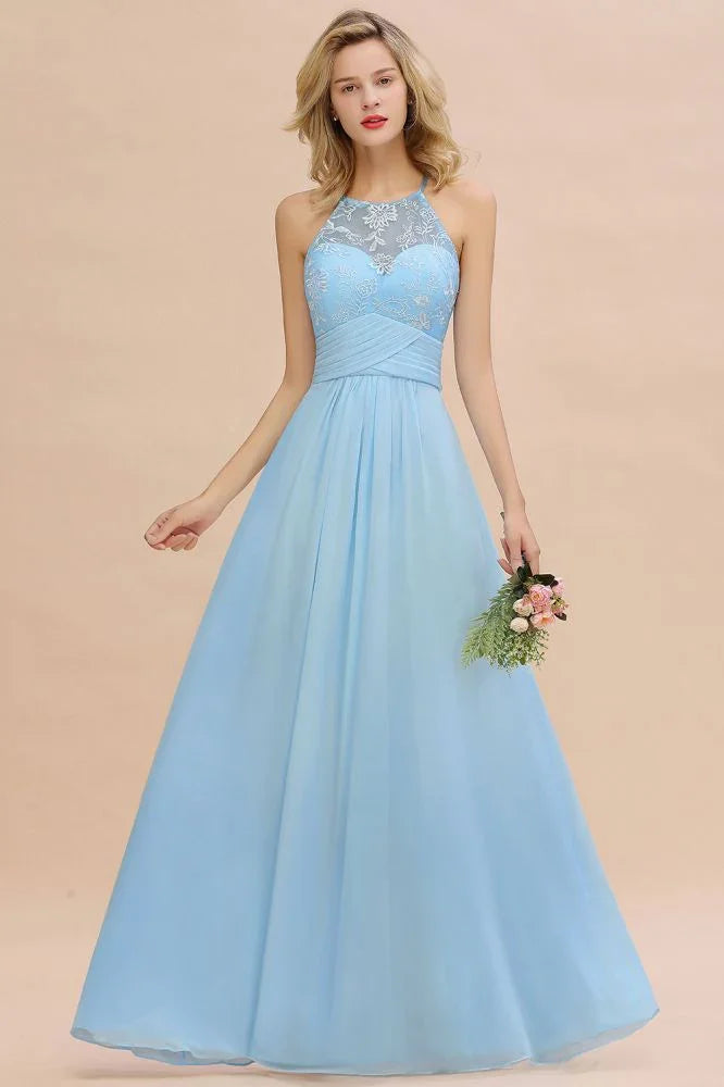 Vestido de Dama de Honra em Chiffon com Renda Floral, Corte em A, Sem Mangas e Folhos, Vestido para Convidada de Casamento
