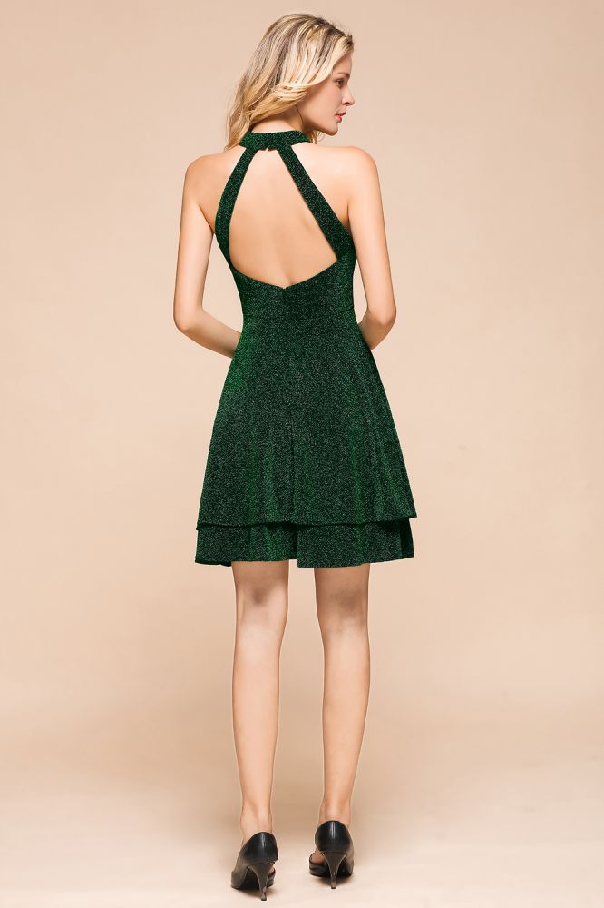 Halter Knee Length Homecoming Dress Sleeveless Dark Green Bright Silk Evening Dress