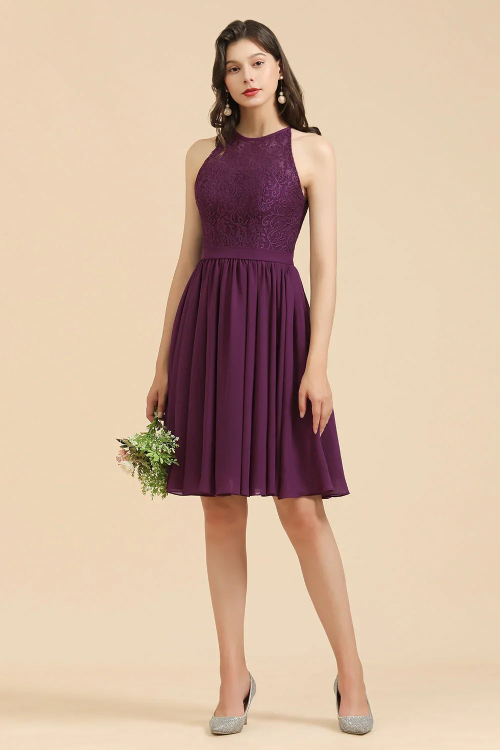 Halter-Spitzenkleid für Brautjungfern, Chiffon, ärmellos, kurzes Kleid