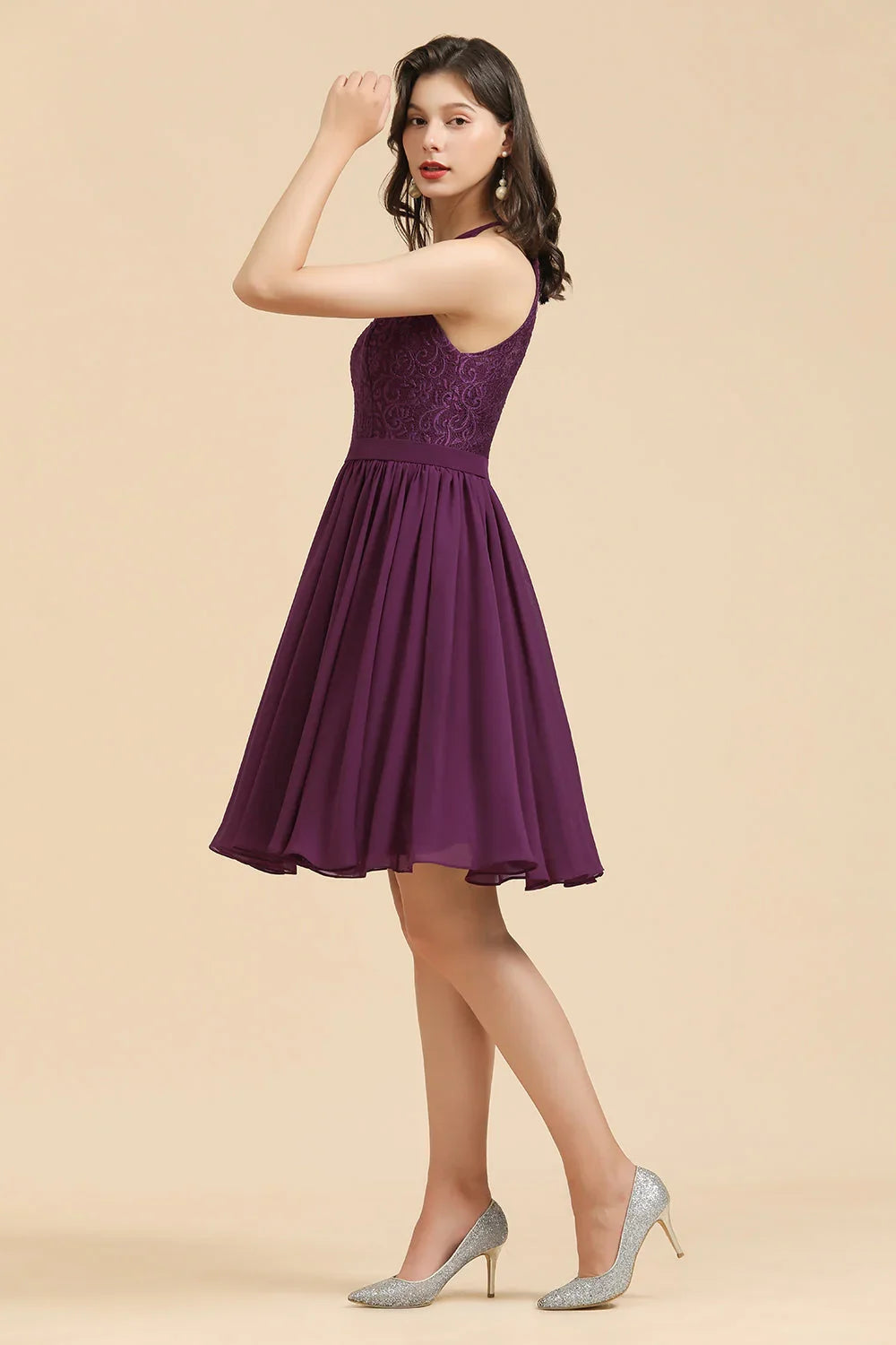 Halter-Spitzenkleid für Brautjungfern, Chiffon, ärmellos, kurzes Kleid