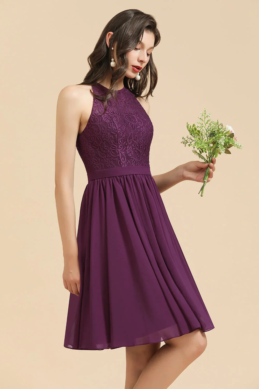 Halter-Spitzenkleid für Brautjungfern, Chiffon, ärmellos, kurzes Kleid