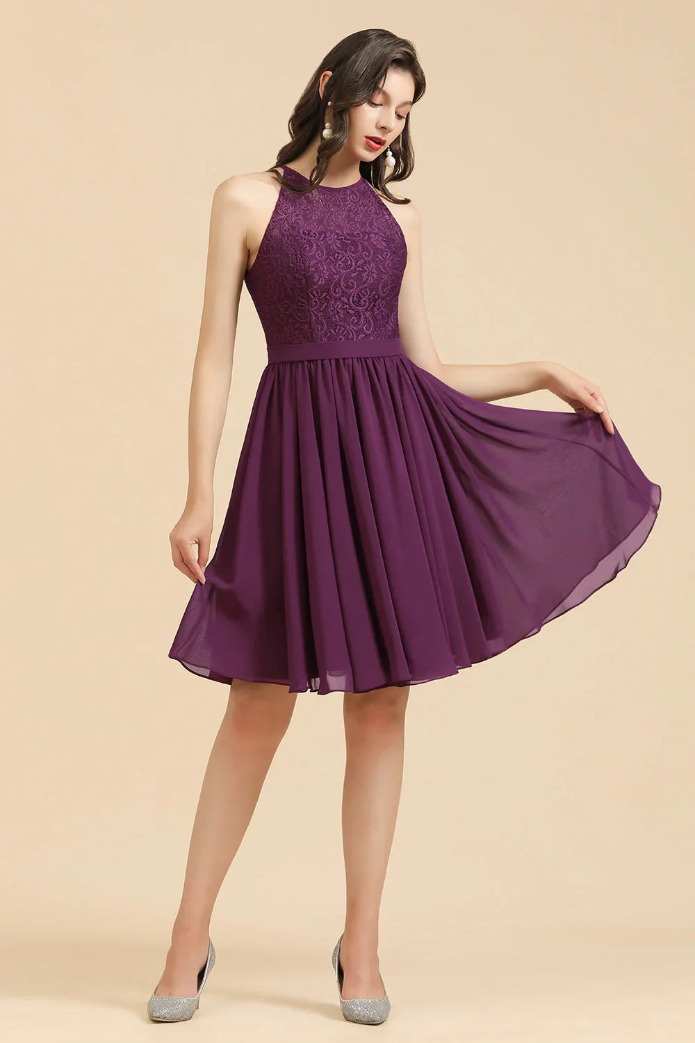 Halter-Spitzenkleid für Brautjungfern, Chiffon, ärmellos, kurzes Kleid