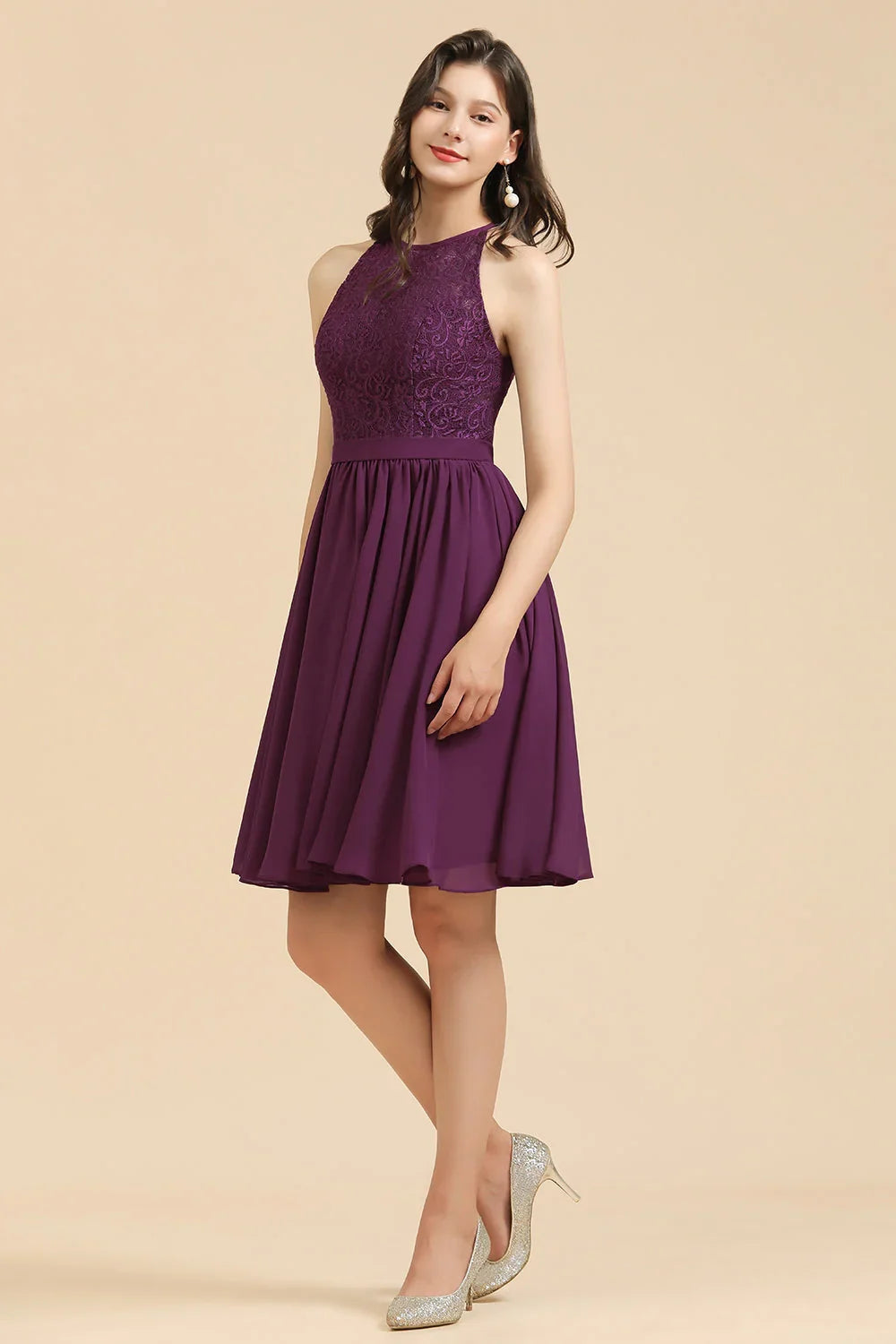 Halter-Spitzenkleid für Brautjungfern, Chiffon, ärmellos, kurzes Kleid