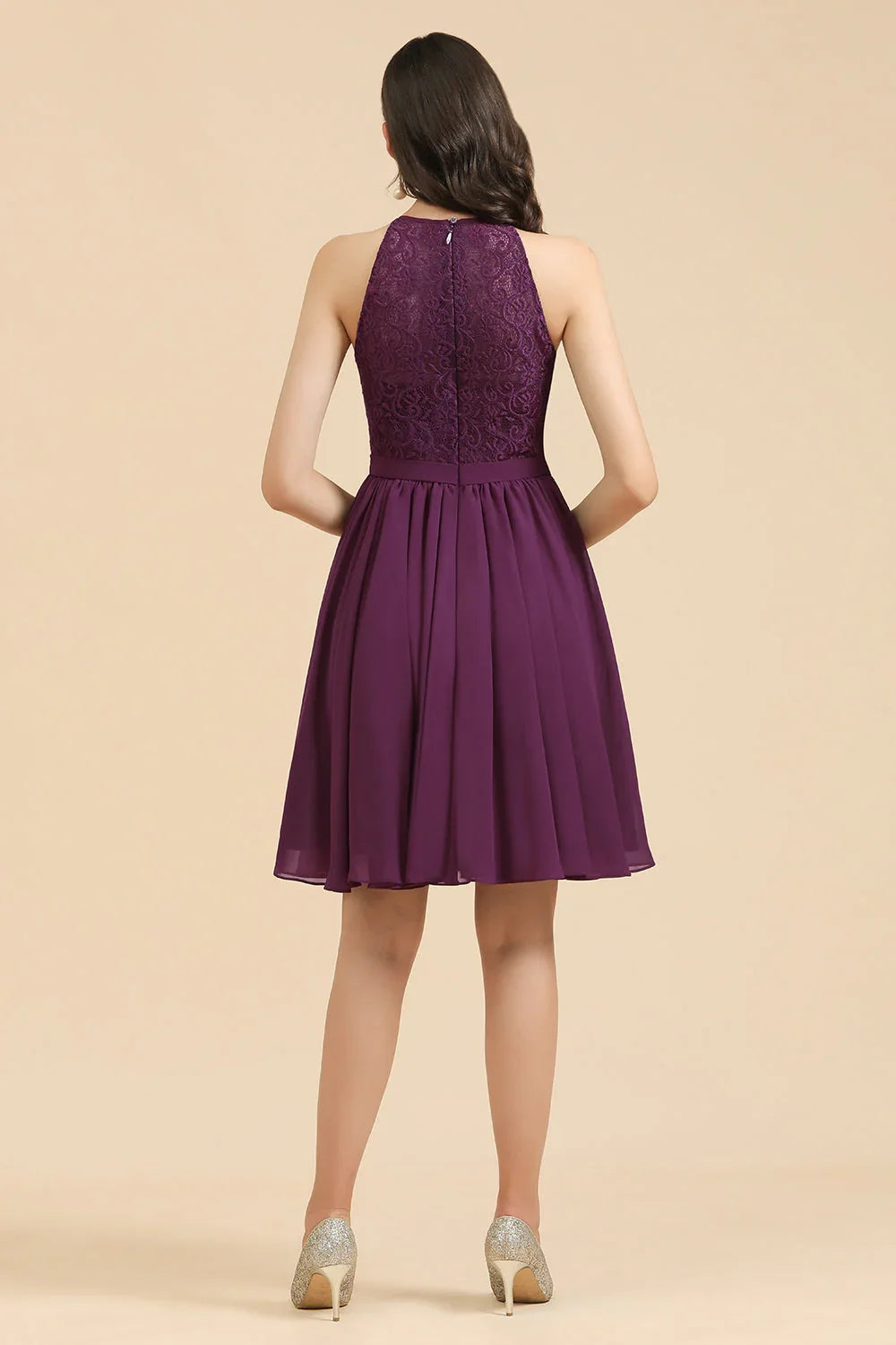 Halter-Spitzenkleid für Brautjungfern, Chiffon, ärmellos, kurzes Kleid