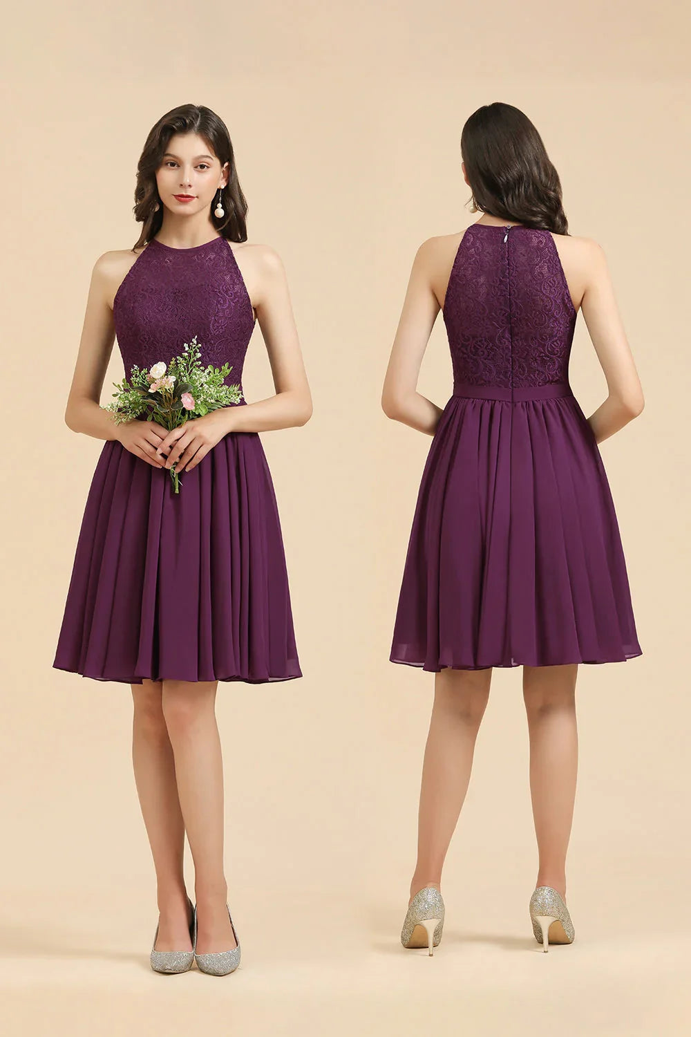 Halter-Spitzenkleid für Brautjungfern, Chiffon, ärmellos, kurzes Kleid