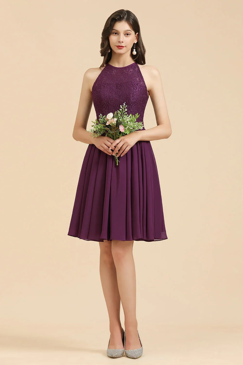 Halter-Spitzenkleid für Brautjungfern, Chiffon, ärmellos, kurzes Kleid