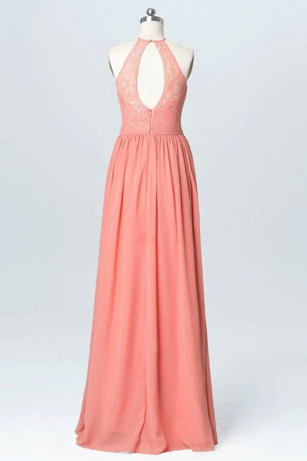 Vestidos de Damas de Honra em Chiffon Longo com Renda Pêssego BD060