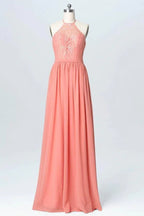 Vestidos de Damas de Honra em Chiffon Longo com Renda Pêssego BD060