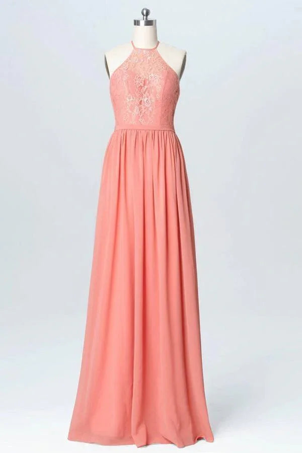 Vestidos de Damas de Honra em Chiffon Longo com Renda Pêssego BD060