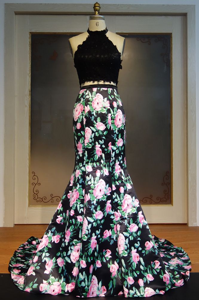 Halter Long Mermaid Two-piece Lace Top Print Flowers Prom Dresses