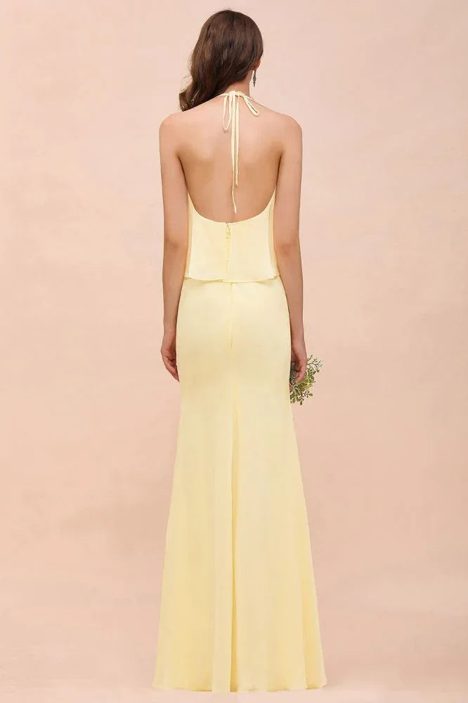 Vestido de Dama de Honra para Meninas com Folho de Chiffon Amarelo, Comprimento até ao Chão, para Casamento na Praia