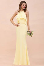 Vestido de Dama de Honra para Meninas com Folho de Chiffon Amarelo, Comprimento até ao Chão, para Casamento na Praia