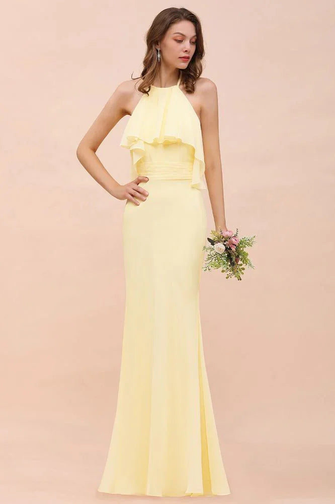 Vestido de Dama de Honra para Meninas com Folho de Chiffon Amarelo, Comprimento até ao Chão, para Casamento na Praia