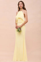 Vestido de Dama de Honra para Meninas com Folho de Chiffon Amarelo, Comprimento até ao Chão, para Casamento na Praia