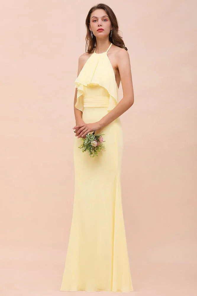 Vestido de Dama de Honra para Meninas com Folho de Chiffon Amarelo, Comprimento até ao Chão, para Casamento na Praia