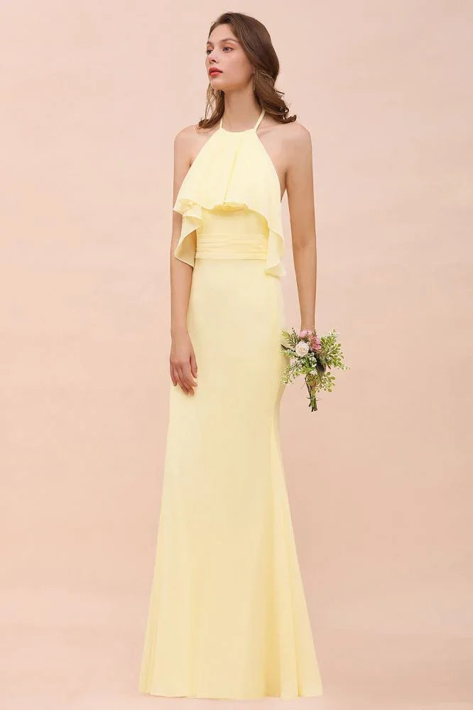 Vestido de Dama de Honra para Meninas com Folho de Chiffon Amarelo, Comprimento até ao Chão, para Casamento na Praia