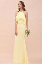 Vestido de Dama de Honra para Meninas com Folho de Chiffon Amarelo, Comprimento até ao Chão, para Casamento na Praia