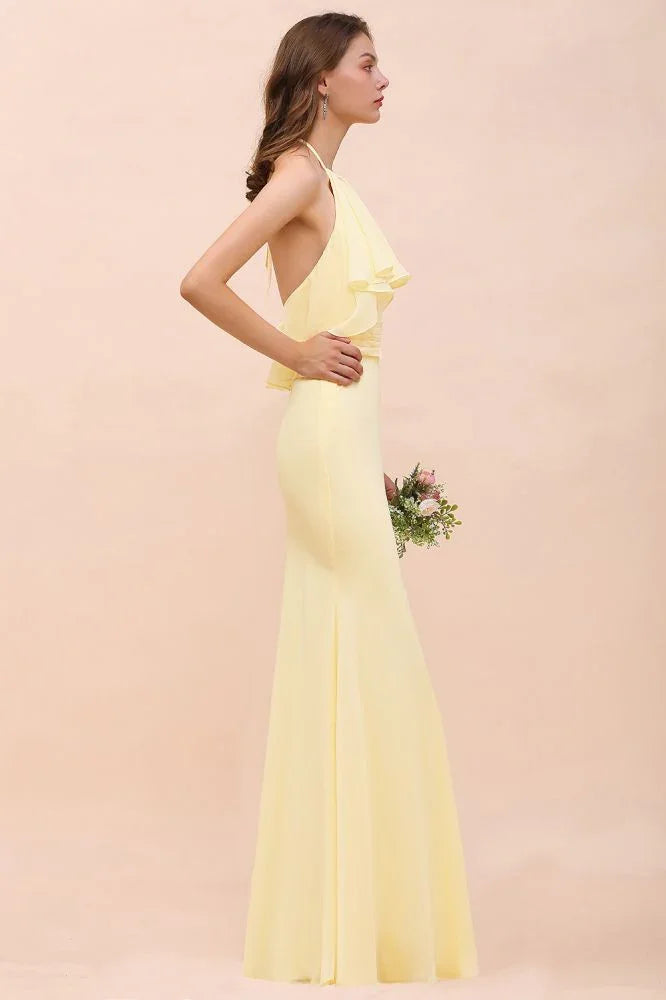 Vestido de Dama de Honra para Meninas com Folho de Chiffon Amarelo, Comprimento até ao Chão, para Casamento na Praia