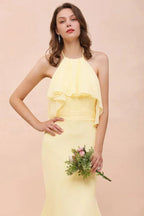 Vestido de Dama de Honra para Meninas com Folho de Chiffon Amarelo, Comprimento até ao Chão, para Casamento na Praia