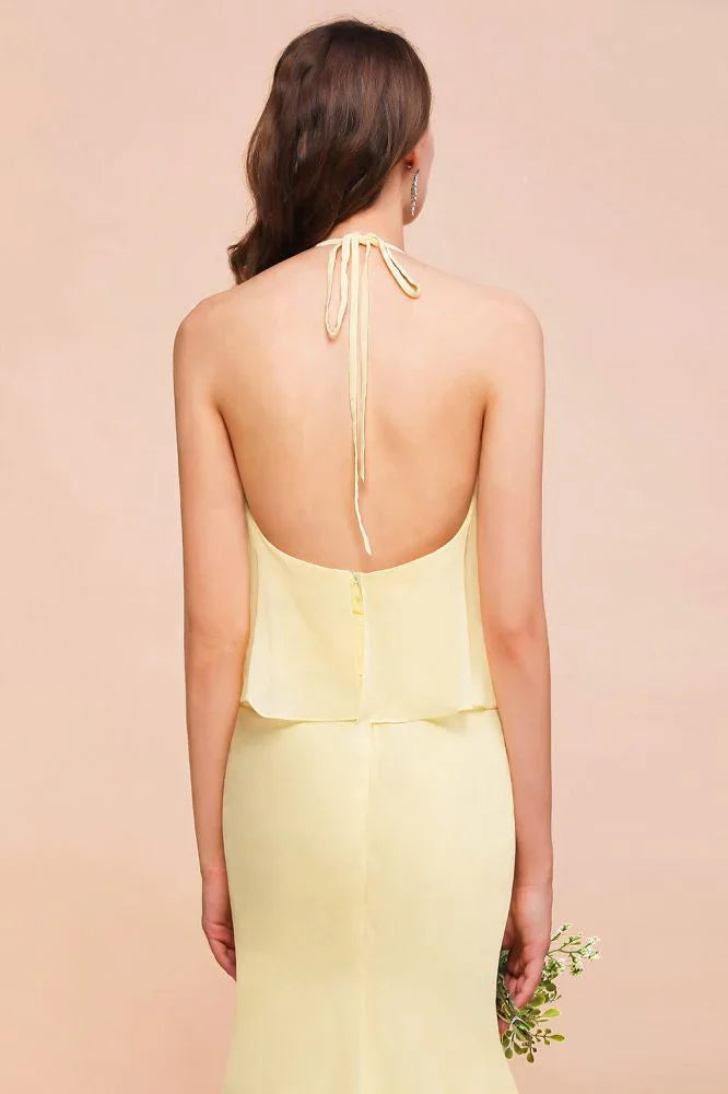 Vestido de Dama de Honra para Meninas com Folho de Chiffon Amarelo, Comprimento até ao Chão, para Casamento na Praia