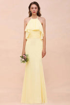 Vestido de Dama de Honra para Meninas com Folho de Chiffon Amarelo, Comprimento até ao Chão, para Casamento na Praia