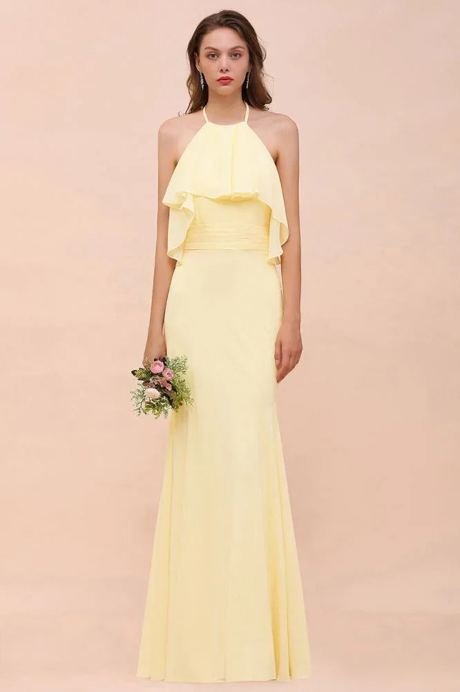 Vestido de Dama de Honra para Meninas com Folho de Chiffon Amarelo, Comprimento até ao Chão, para Casamento na Praia