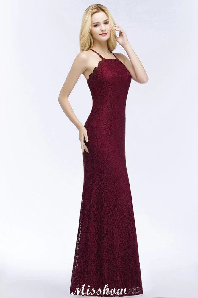 Halter Mermaid Evening Dress Floor Length Lace Burgundy Bridesmaid Dresses