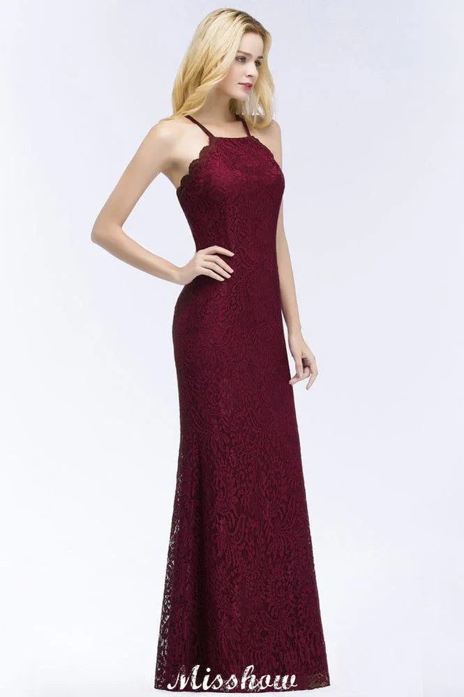 Halter Mermaid Evening Dress Floor Length Lace Burgundy Bridesmaid Dresses
