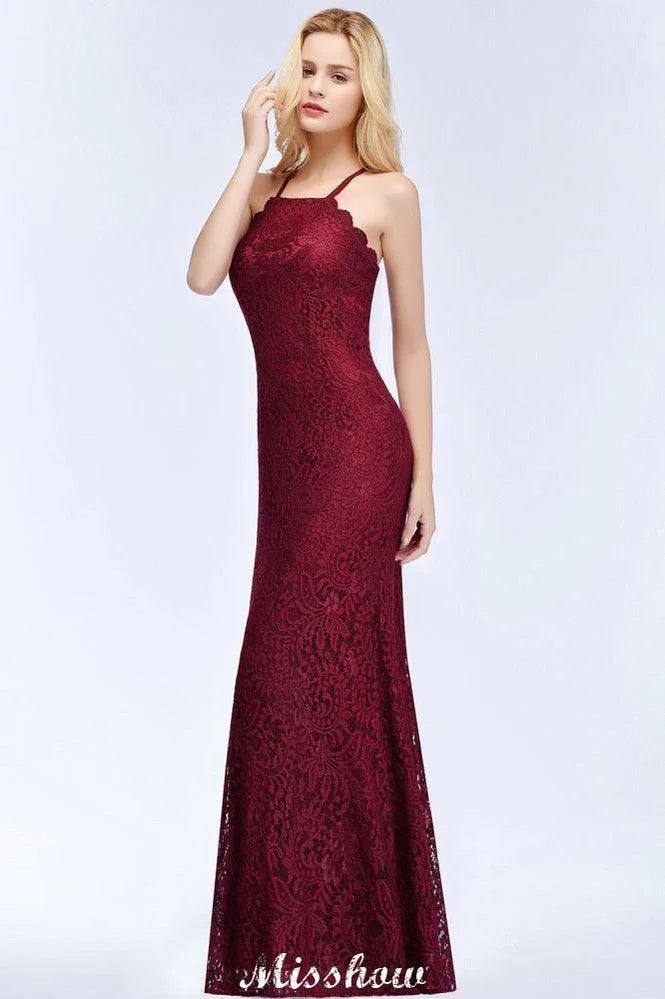 Halter Mermaid Evening Dress Floor Length Lace Burgundy Bridesmaid Dresses