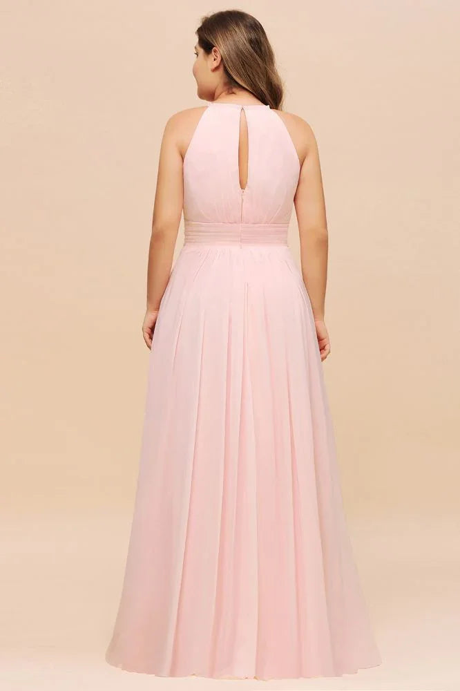 Halter Rosa Brautjungfernkleid Große Größen Chiffon Hochzeitsfestkleid für Mädchen