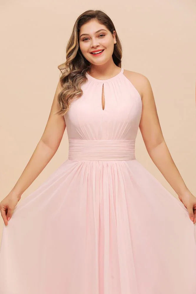 Halter Rosa Brautjungfernkleid Große Größen Chiffon Hochzeitsfestkleid für Mädchen
