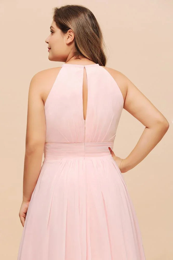 Halter Rosa Brautjungfernkleid Große Größen Chiffon Hochzeitsfestkleid für Mädchen