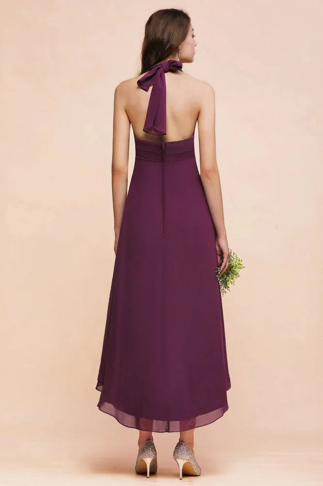 Halter lila Hi-Lo Brautjungfernkleid Chiffon Cocktailkleid