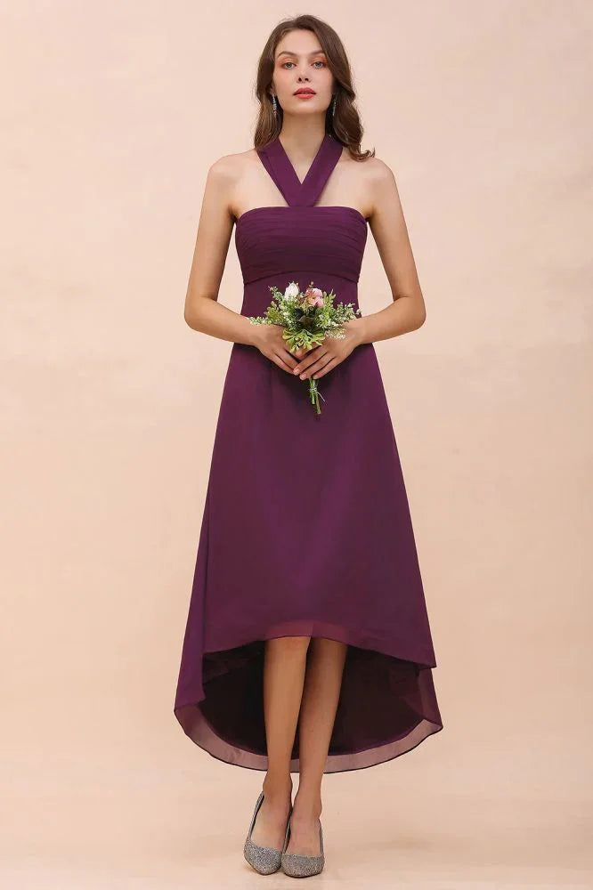 Halter lila Hi-Lo Brautjungfernkleid Chiffon Cocktailkleid