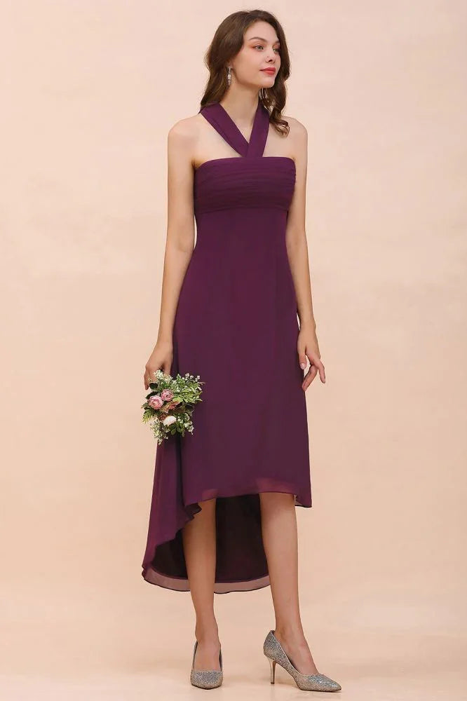 Halter lila Hi-Lo Brautjungfernkleid Chiffon Cocktailkleid
