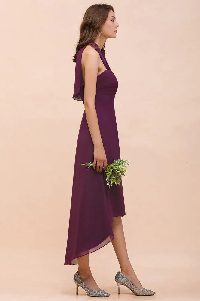 Halter lila Hi-Lo Brautjungfernkleid Chiffon Cocktailkleid
