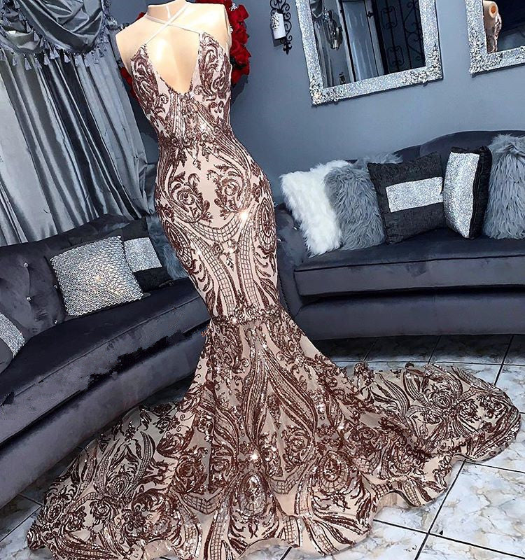 Halter Sequins Mermaid Prom Dress Sleeveless Long Party Gowns