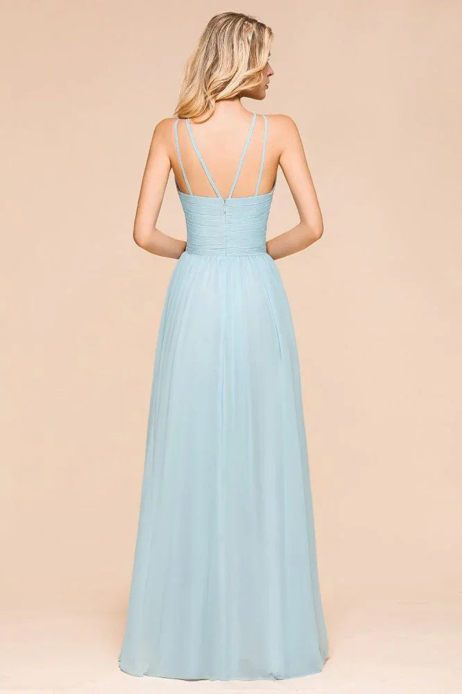 Vestido de Dama de Honra Azul Céu Comprimento ao Chão Halter sem Mangas Corte em A para Festa online