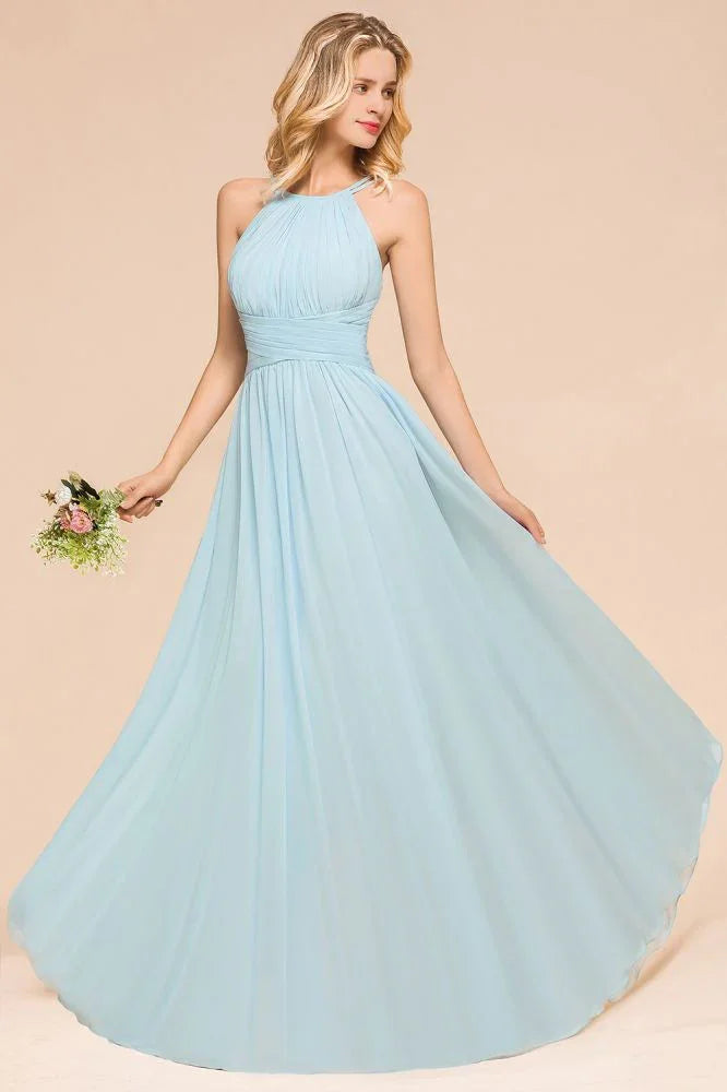 Vestido de Dama de Honra Azul Céu Comprimento ao Chão Halter sem Mangas Corte em A para Festa online