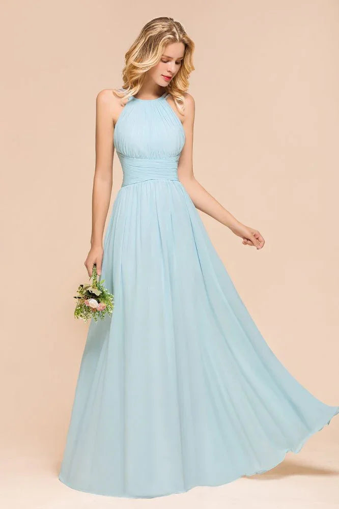 Vestido de Dama de Honra Azul Céu Comprimento ao Chão Halter sem Mangas Corte em A para Festa online